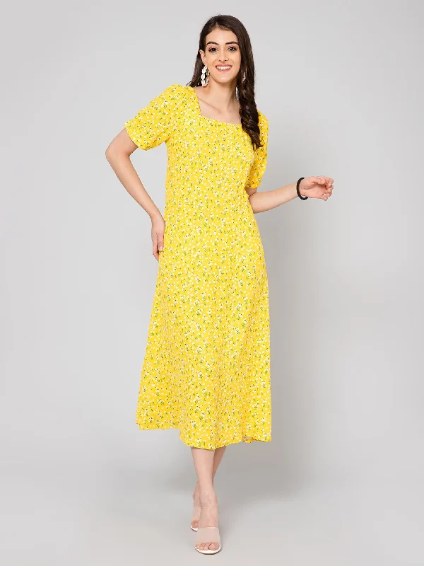 Subtle Sophistication Women's Casual Square neck Yellow Ditsy Floral Print A line Dress