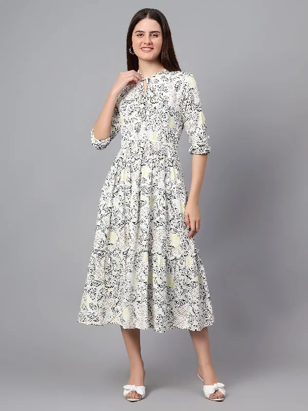 Limited Stock, Big Sale Women's Casual Tie up neck White Floral Print Fit & Flared Dress