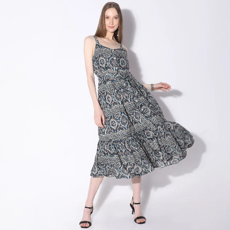 Wardrobe Update Printed Below Knee Autumn Meadow Shoulder Strape Flared Dress