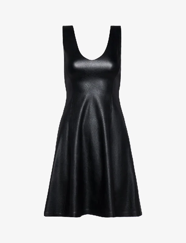 Women's Outerwear for All Weather Conditions Faux Leather V-Neck Founder Dress
