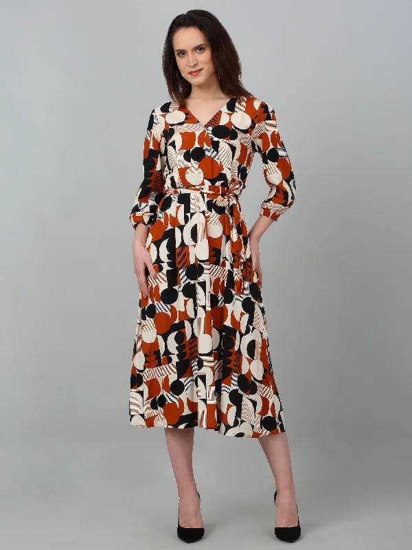 Best Clearance Sales Right Now Women's Casual V neck Brown Geometric Print Fit & Flared Dress Best Clearance Sales Right Now Women's Casual V neck Brown Geometric Print Fit & Flared Dress