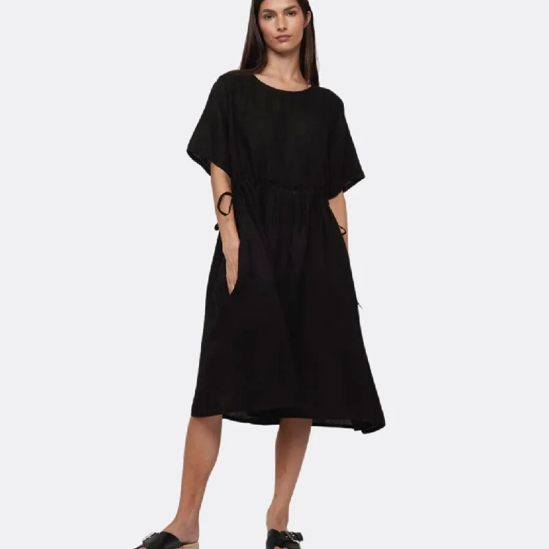 Comfort First Women's Fashion Oversize Linen Drawstring Dress (Black)