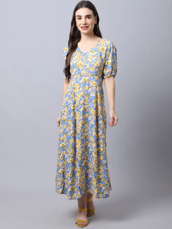 Fashion Deal Women's Casual V neck Yellow Floral Print A line Dress
