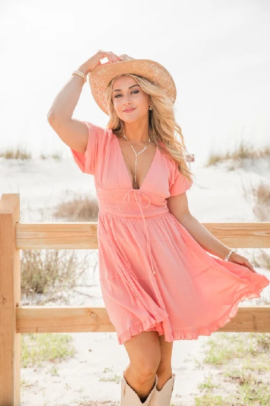 Premium Women's Wear At Limited-Time Offers Urban Cowgirl Coral V-Neck Smocked Dress Premium Women's Wear At Limited-Time Offers Urban Cowgirl Coral V-Neck Smocked Dress