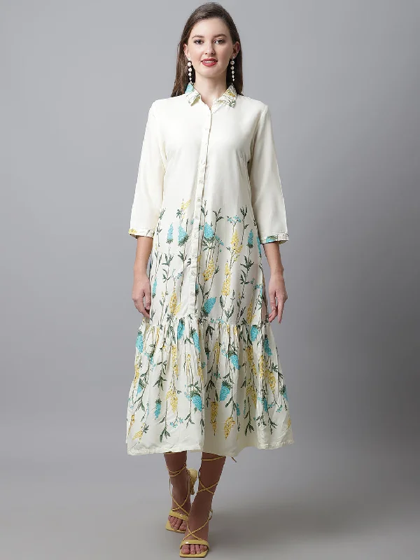 Relaxed Style Women's Casual Shirt Collar Offwhite Floral Print Fit & Flared Dress