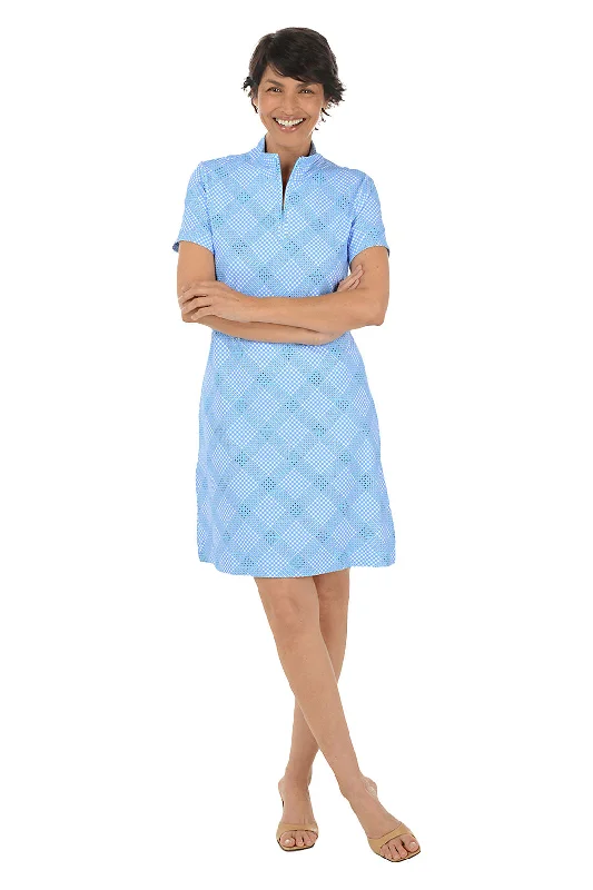 Clothes Women Diagonal Gingham UPF50+ Short Sleeve Zip Dress