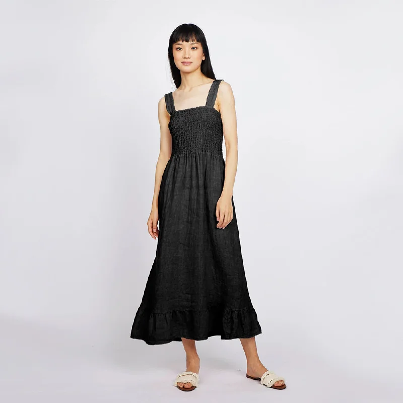 Wardrobe Refresh Bunched Top Linen Dress (Black)
