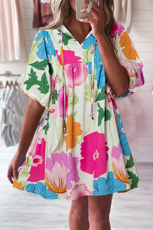 Iconic Styles, Incredible Discounts Dark Blue Floral Print Split Neck Babydoll Dress