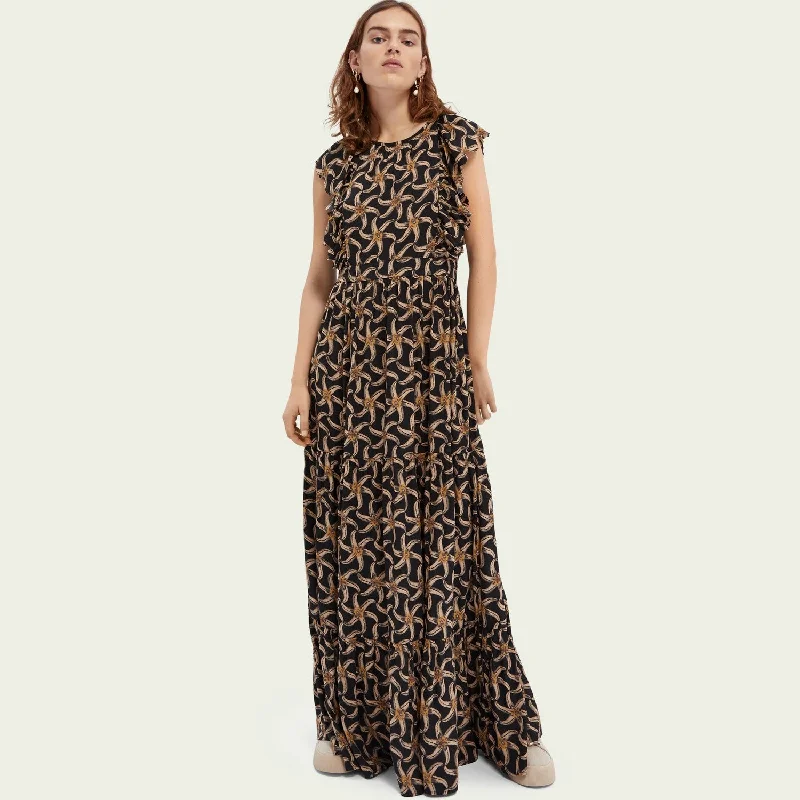 Women's Tops And Clothing Drapey Scalloped Edge Dress (Black Print)