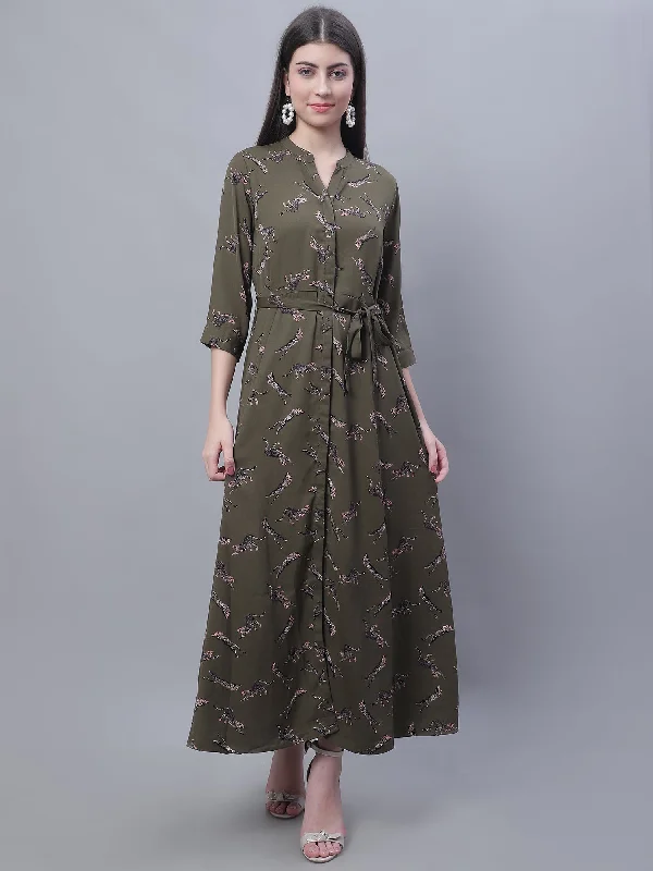 Style Upgrade Women's Casual Mandarin collar Dull Green Animal Print Fit & Flared Dress Style Upgrade Women's Casual Mandarin collar Dull Green Animal Print Fit & Flared Dress