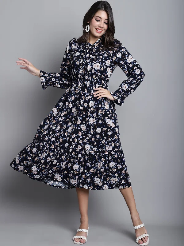 Effortless Comfort Women's Casual Tie up neck Black Floral print Fit & Flared Dress