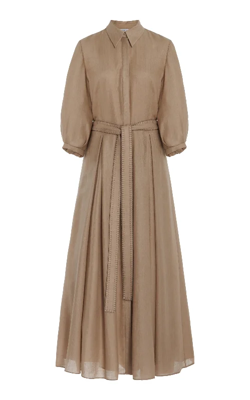 Affordable Women's Clothing Andy Pleated Maxi Shirtdress in Khaki Virgin Wool Cashmere Affordable Women's Clothing Andy Pleated Maxi Shirtdress in Khaki Virgin Wool Cashmere