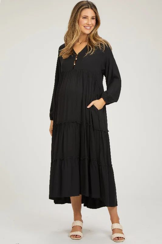 Outlet Clothing Black Button Front V-Neck Ruffle Tiered Maternity Midi Dress