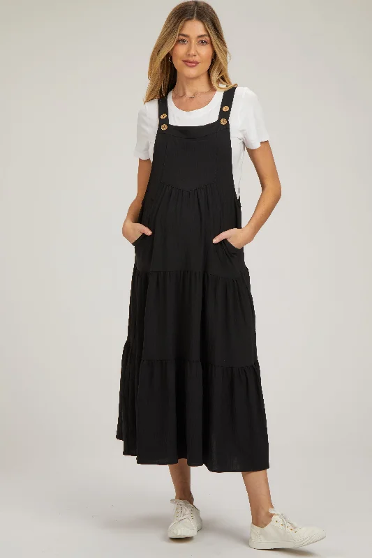 Sales For Clothes Black Button Sling Tiered Maternity Midi Dress
