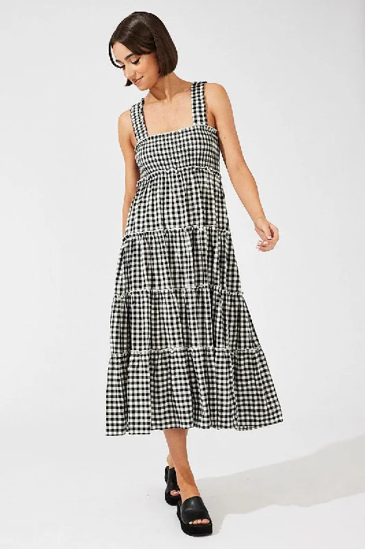 Exclusive Discount Black Check Maxi Dress Shirred Bust Tiered
