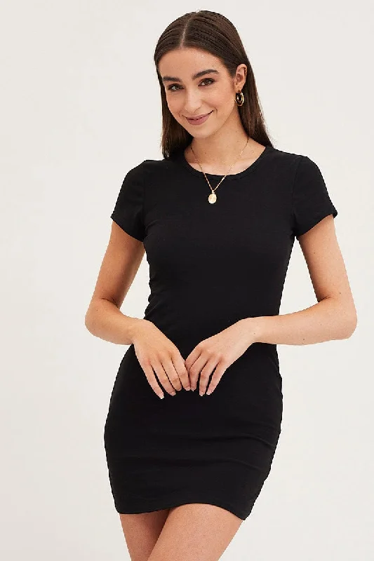 Women's Cozy Outfit For Lounging Black Dress Short Sleeve Crew Neck