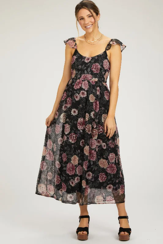 Women's Work Apparel Black Floral Chiffon Back Tie Maternity Maxi Dress