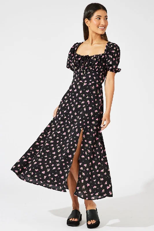 High Street Women's Fashion for Trendy Shoppers Black Floral Midi Dress Puff Sleeve Midi