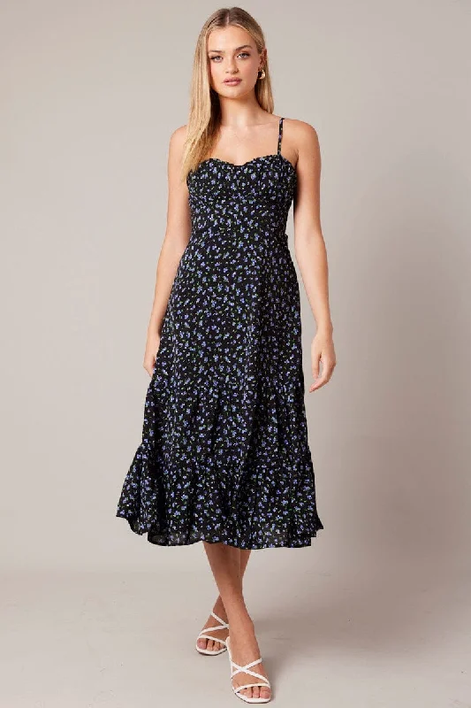 Women Fashion Black Floral Midi Dress Strappy