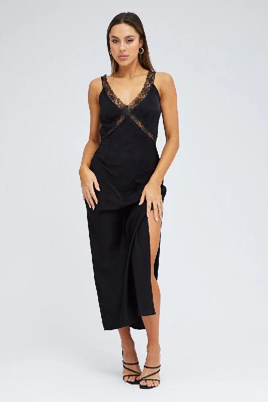 Workwear Fashion for Women Black Maxi Dress Sleeveless Satin Lace Trim