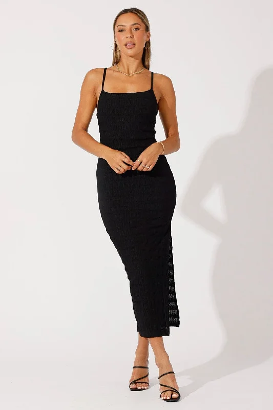 Casual Chic Clothing For Women Black Maxi Dress Square Neck Bodycon Textured