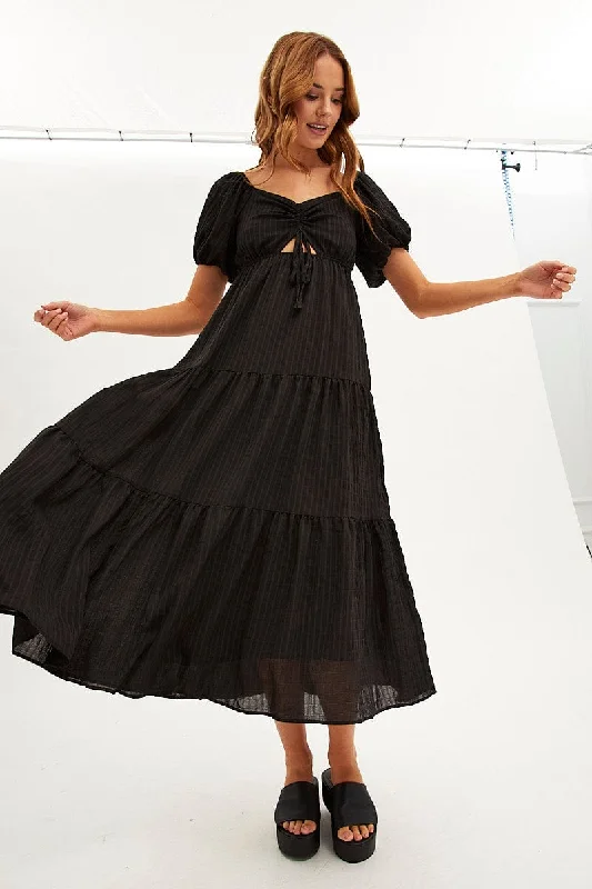 Women's Formal Event Outfit Black Maxi Dress Sweetheart Neck Puff Sleeve