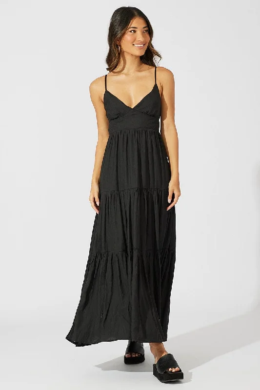 Chic Women's Clothing for Work and Travel Black Maxi Dress Tiered Sleeveless