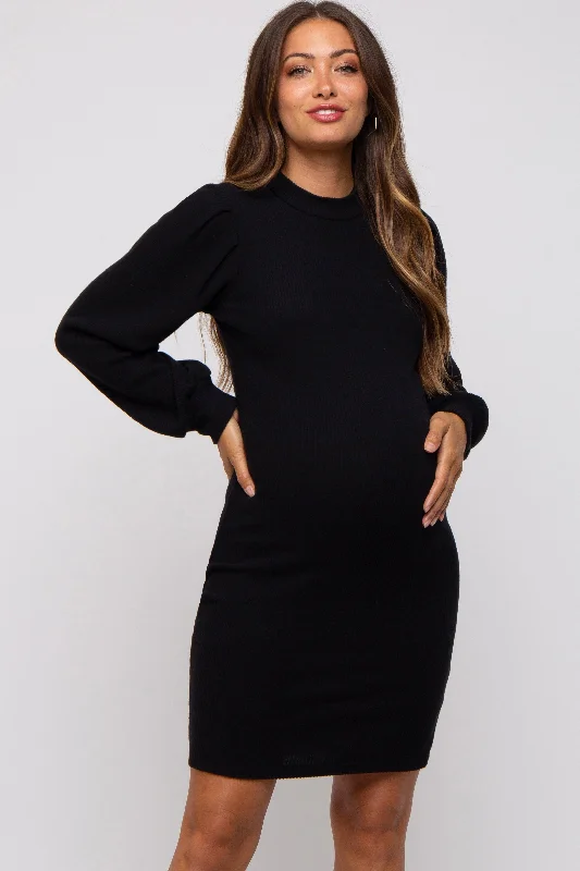 Women's Sports Apparel Black Ribbed Long Sleeve Mock Neck Maternity Dress