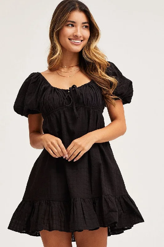 Women's Clothes And Garments Black Skater Dress Short Sleeve Mini