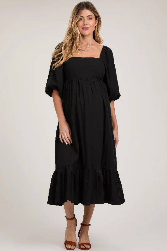 Women's Vacation Outfit Black Square Neck Puff Sleeve Maternity Midi Dress