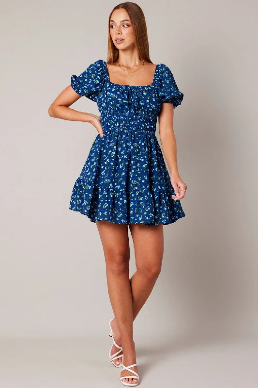 Women's Trendy Casual Outfit Blue Ditsy Fit And Flare Dress Puff Sleeve Mini