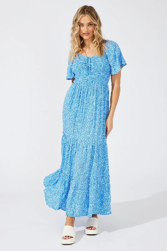 Women's Work Apparel Blue Ditsy Maxi Dress Short Sleeve Shirred