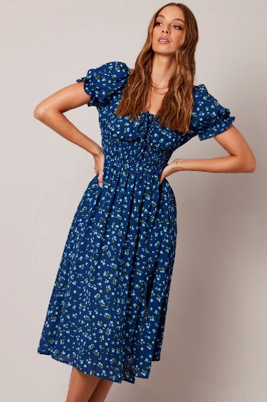 Plus Size Women's Fashion Blue Ditsy Midi Dress Short Sleeve Ruched Bust