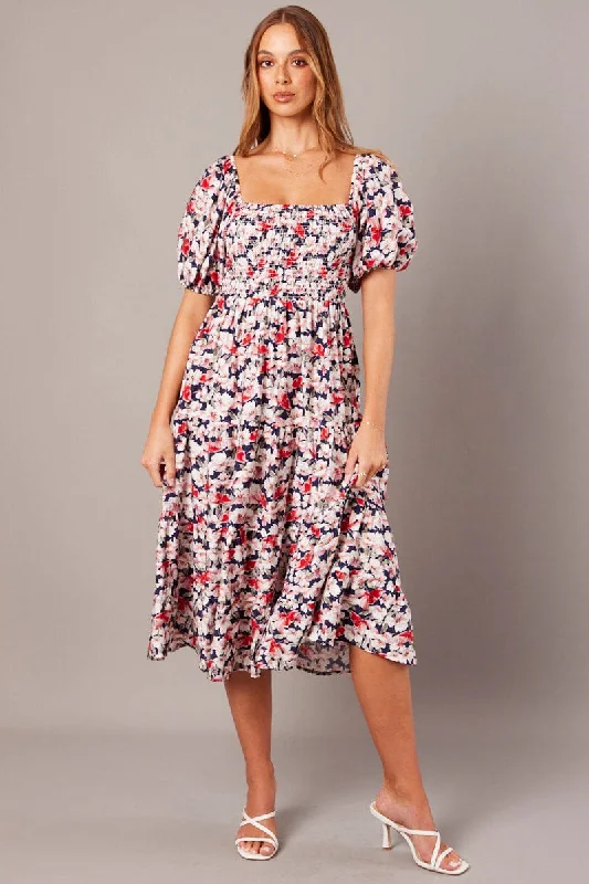 Women's Vacation Attire Blue Floral Midi Dress Puff Sleeve Shirred Bust