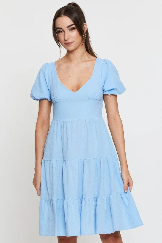 New Arrival Discount Blue Midi Dress Short Sleeve V Neck