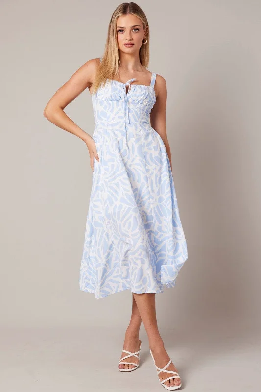 Women's Occasion Wear Clothes Blue Print Midi Dress Gathered Bust Midi