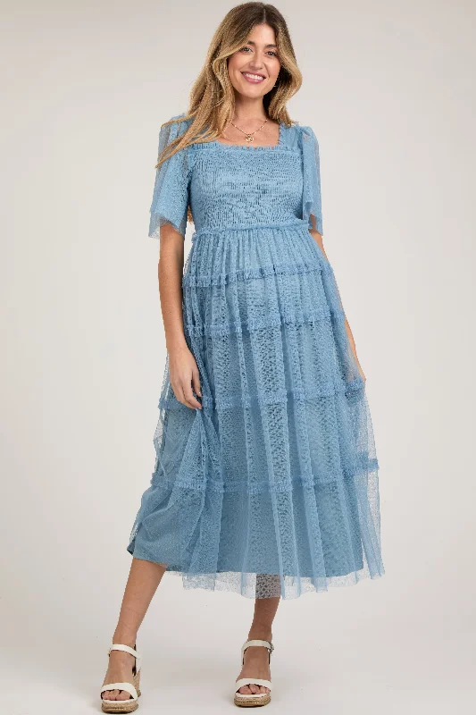 Fashion-forward Women's Clothing Blue Ruffled Mesh Maternity Maxi Dress