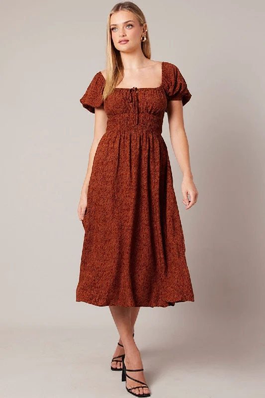 Women's Functional Apparel For Outdoor Activities Brown Geo Midi Dress Short Sleeve Ruched Bust Women's Functional Apparel For Outdoor Activities Brown Geo Midi Dress Short Sleeve Ruched Bust
