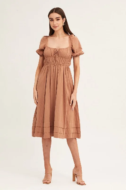 Women's Clothes Brown Short Sleeve Ruched Midi Dress