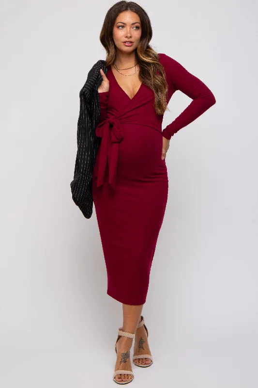 Women's Elegant Clothing Sets Burgundy Ribbed Long Sleeve Maternity Wrap Dress