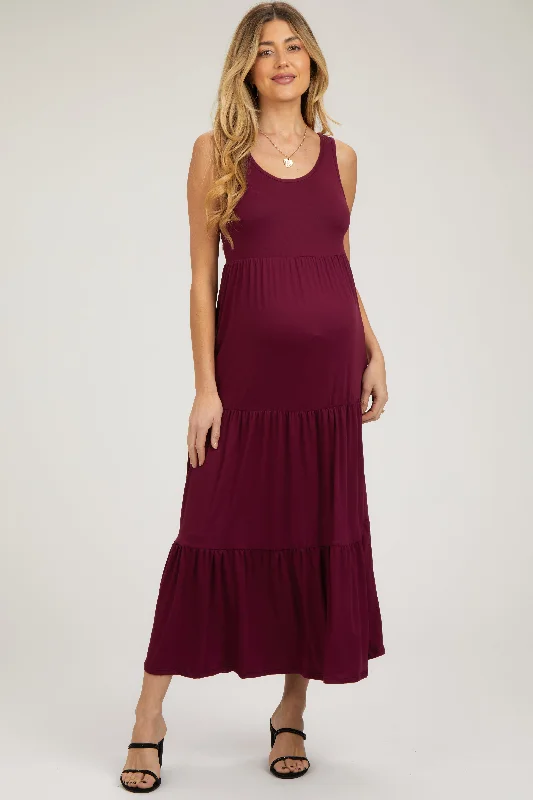 Flash Sale Or Flash Sales Burgundy Sleeveless Scoop Back Tiered Maternity Maxi Dress