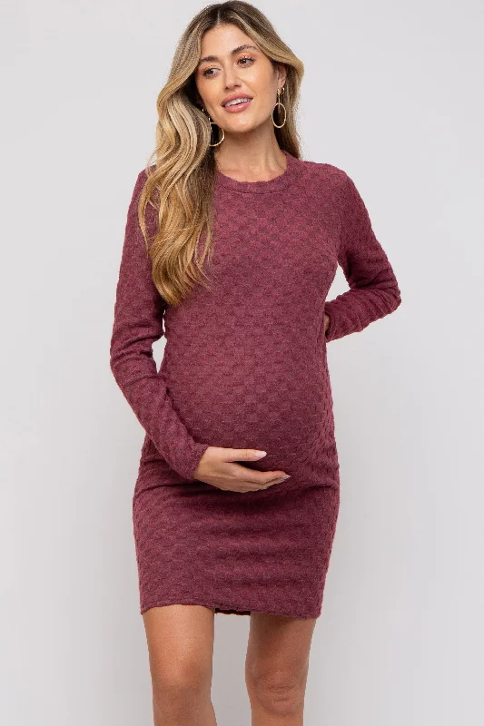 Chic Women's Attire Burgundy Soft Brushed Knit Long Sleeve Maternity Dress