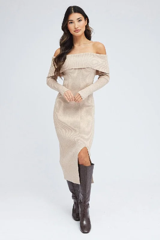 Women's Everyday Clothes Camel Midi Dress Long Sleeve Off Shoulder Bardot Knit