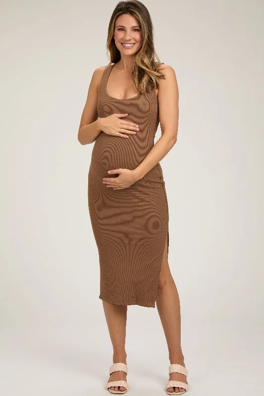 Chic Women's Attire Camel Ribbed Knit Sleeveless Side Slit Maternity Dress