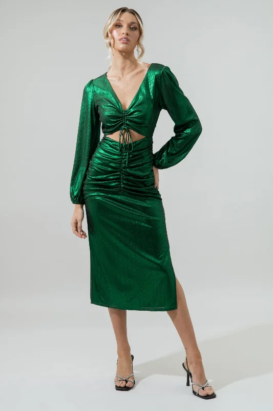 Charming Everyday Clothing For Women Cannes Liquid Satin Ruched Cut Out Midi Dress