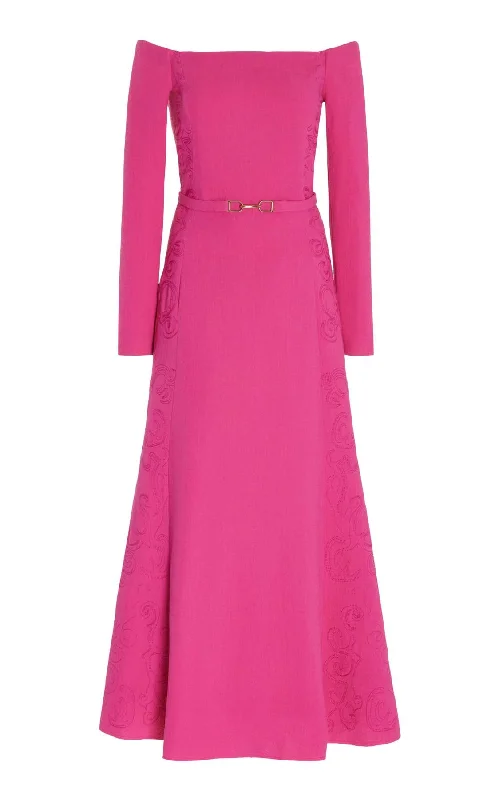Trendy Women's Apparel Carole Embroidered Dress in Fuchia Virgin Wool Crepe