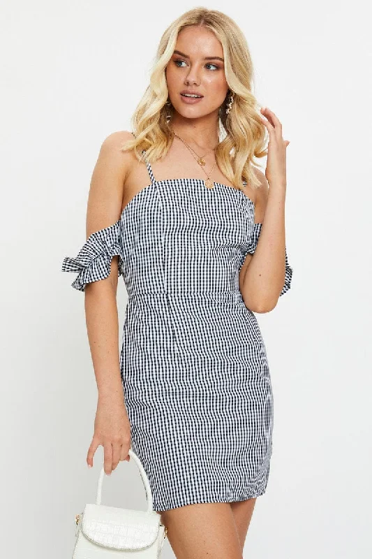 Women's Elegant Outfit Check Gingham Off Shoulder Mini Dress