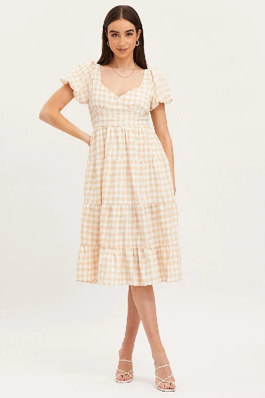 Women's Trendy Garments Check Midi Dress Short Sleeve Evening