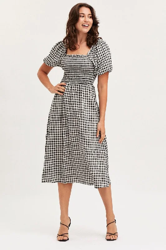 Women's Professional Apparel Check Midi Dress Short Sleeve Square Neck