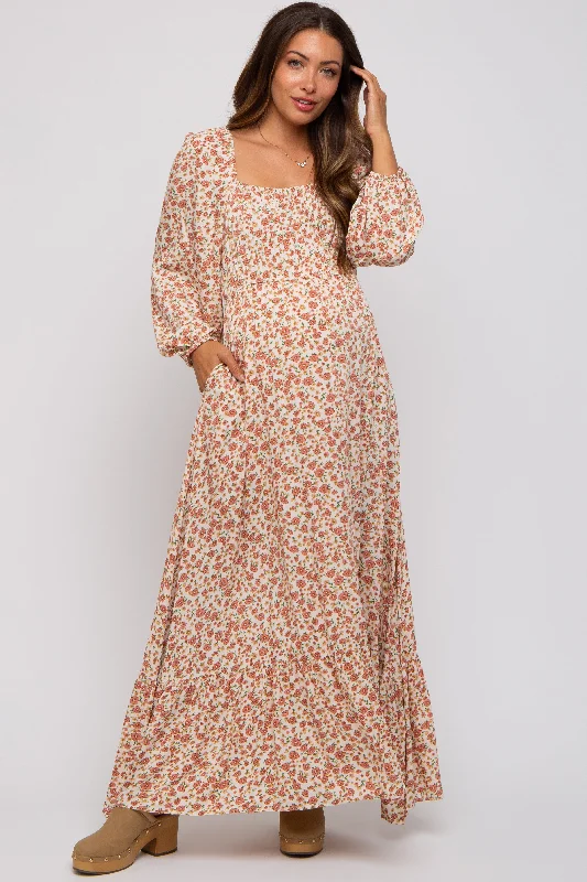 Women's Formal Event Outfit Cream Floral Square Neck Ruffle Maternity Maxi Dress